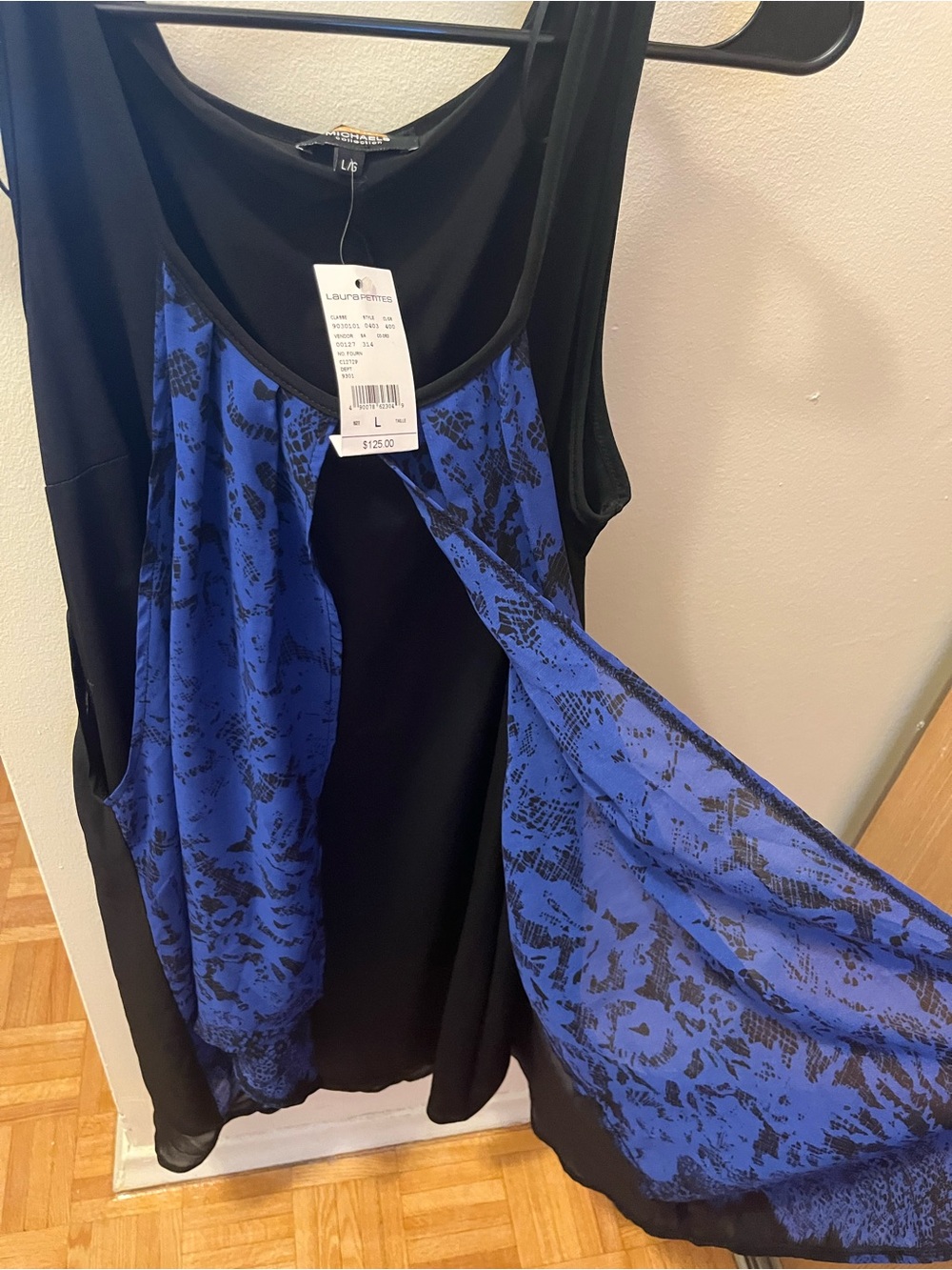 Sleeveless Black Dress with Royal Blue Printed Overlay